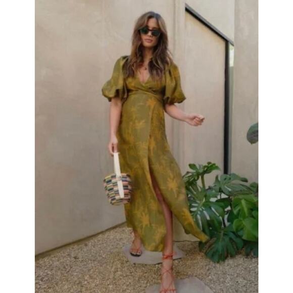 JUAN DE DIOS Sz M/L Ermita Wrap Around Midi Dress Green Palms Linen - Picture 13 of 16